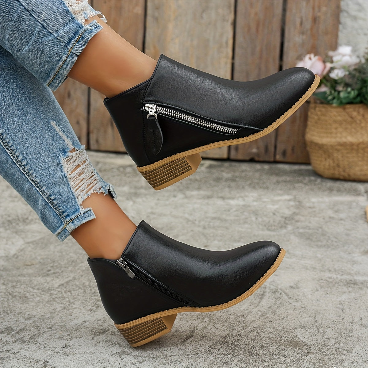 Women's Solid Color Ankle Boots With Thick Sole Wedge Back Zipper