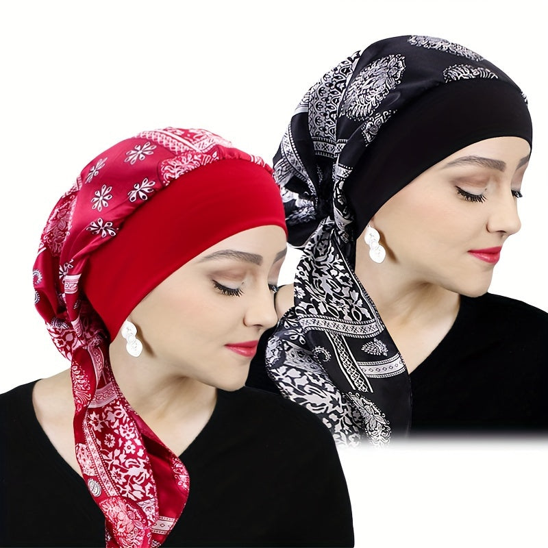 Women's Satin Printed Turban Caps Pack of Two with Stretchy Wide Band for Sleeping and Casual Wear