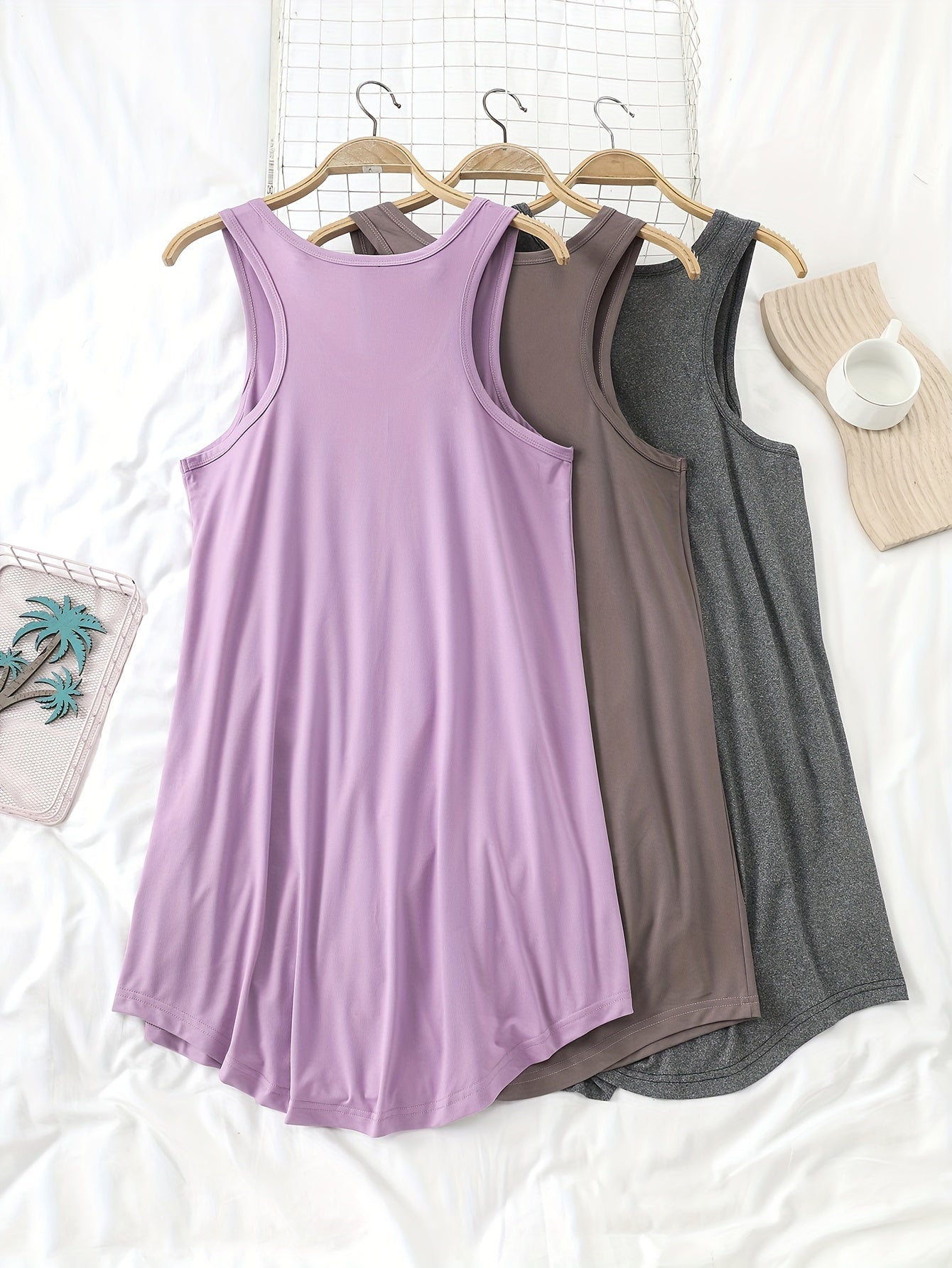 Women's Sleeveless Cotton Nightgowns 3-Pack Solid Color Sleep Dresses