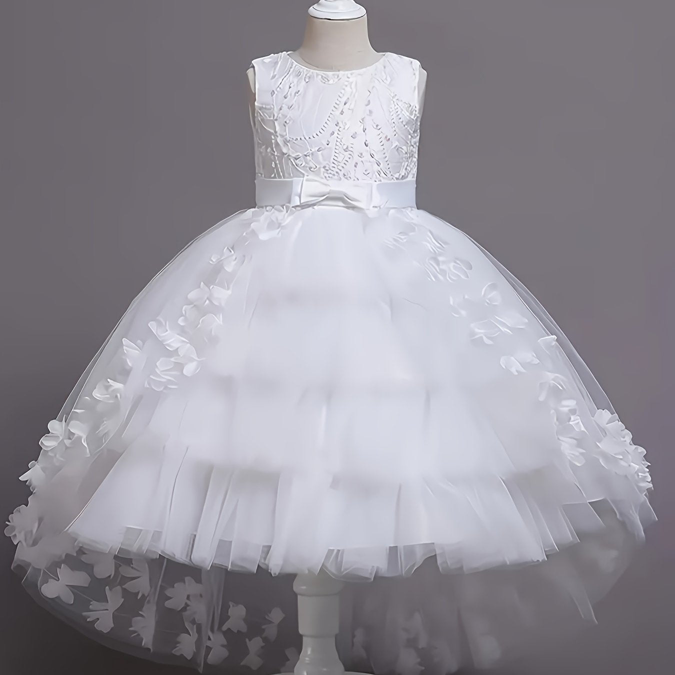 Children's Sleeveless Dress with Tiered Mesh Tutu Faux Pearls Bowknot Floral Summer