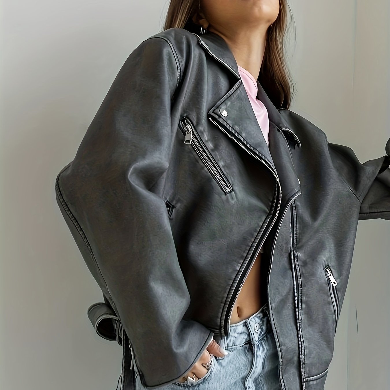 Women's Vintage Biker Jacket with Belted Lapel and Zipper Pockets