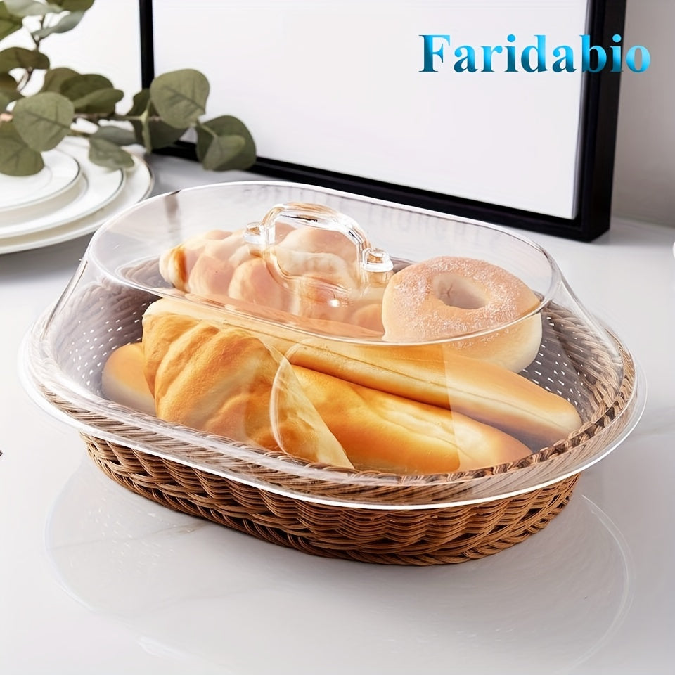 Wicker Bread Basket with Clear Acrylic Lid for Kitchen, Picnic, and Home Display
