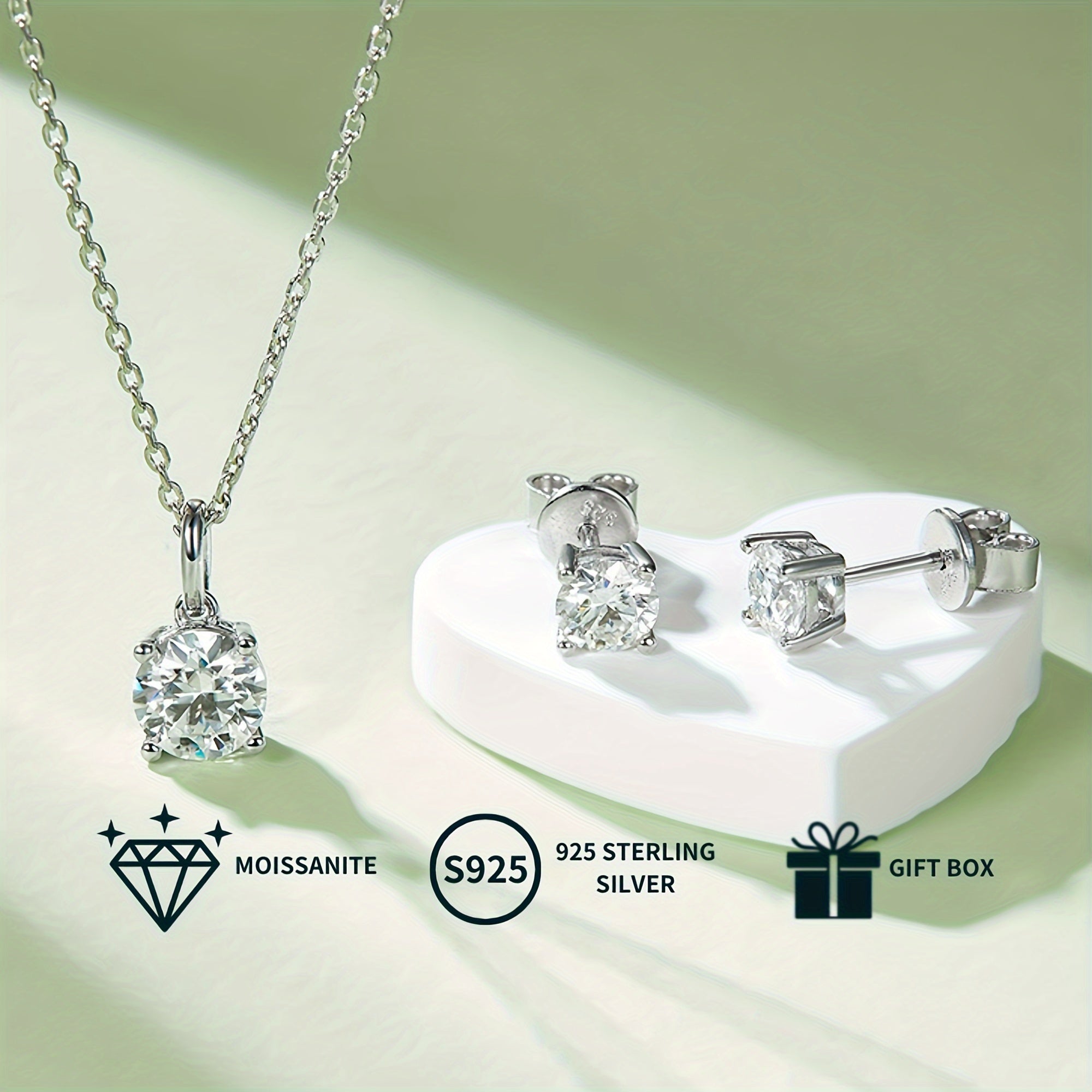 Moissanite Jewelry Set for Women 1.0CT Pendant Necklace and Stud Earrings White Gold Plated Silver Engagement Wedding Gift Box