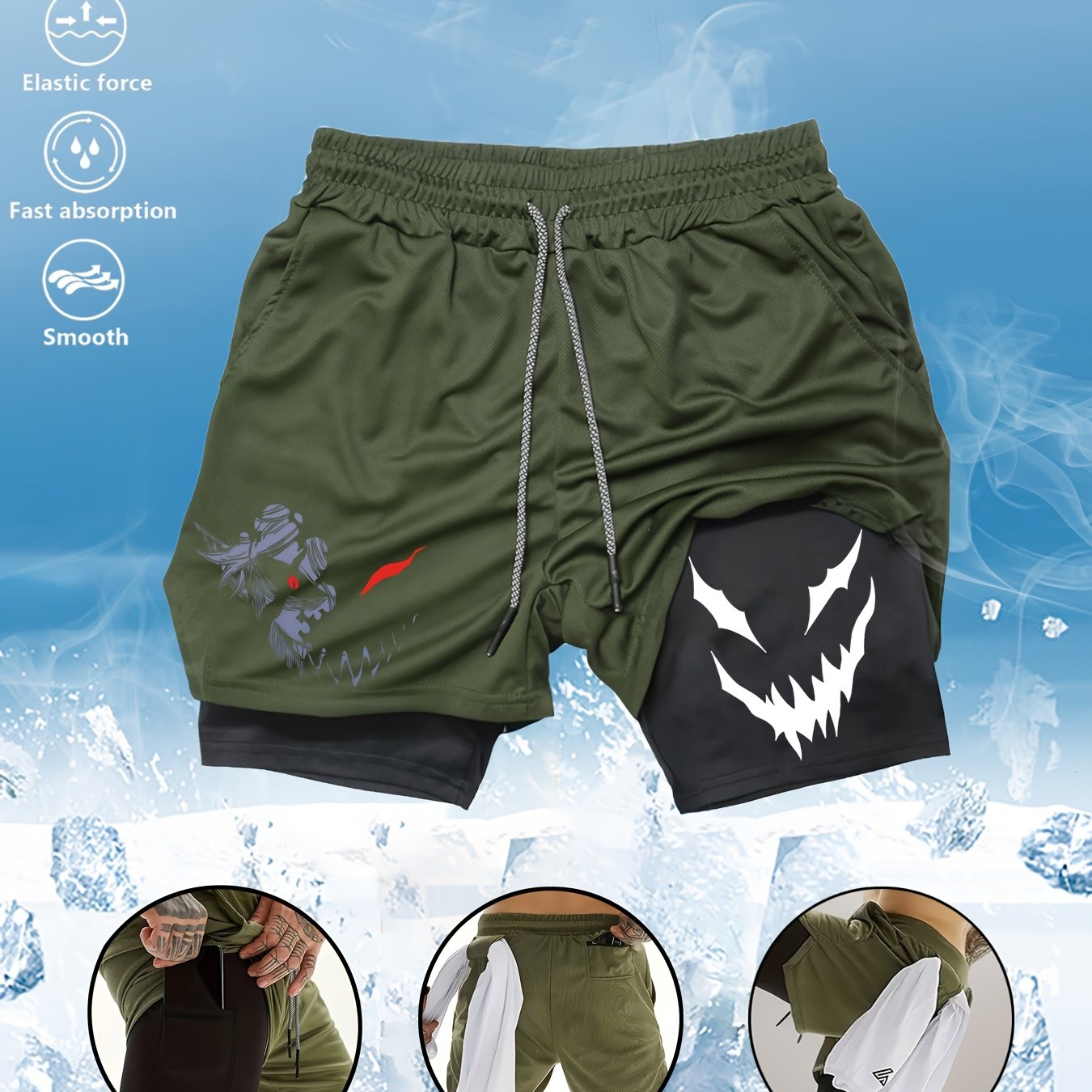 Men's Quick-Dry Dual-Layer Shorts with Pockets in Olive Green for Gym Running Sports