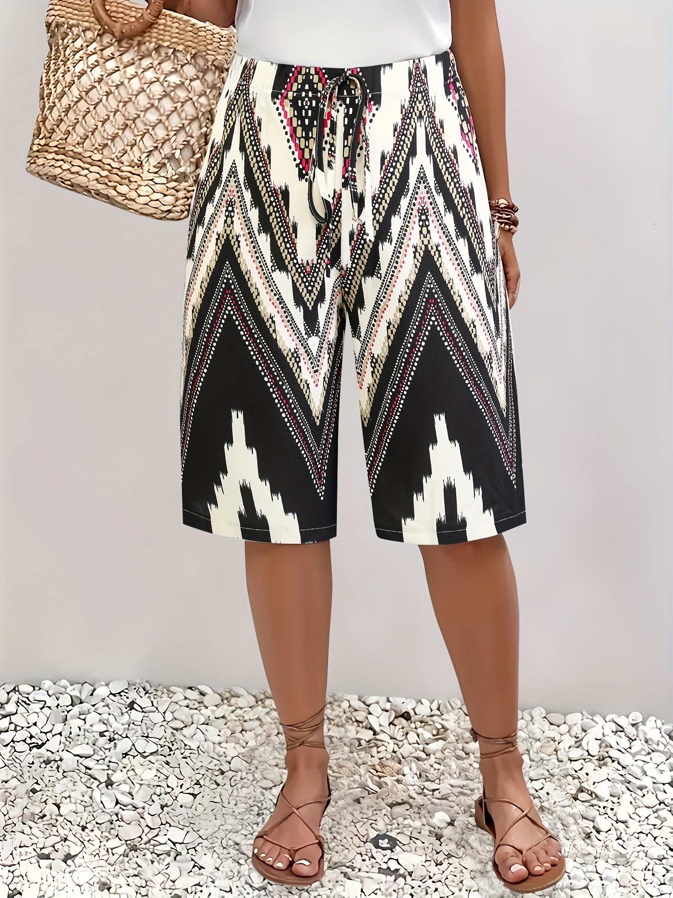 Брюки для женщин больших размеров повседневные средней длины с цветными блоками и геометрическим принтом