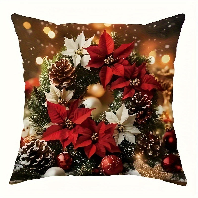 Linen Christmas Throw Pillow Cover Vintage Floral Bell Design Red Yellow Velvet