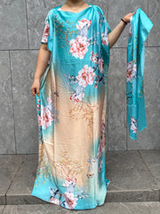 Plus Size Floral Print Kaftan Dress with Scarf Longline Loose Fit Summer