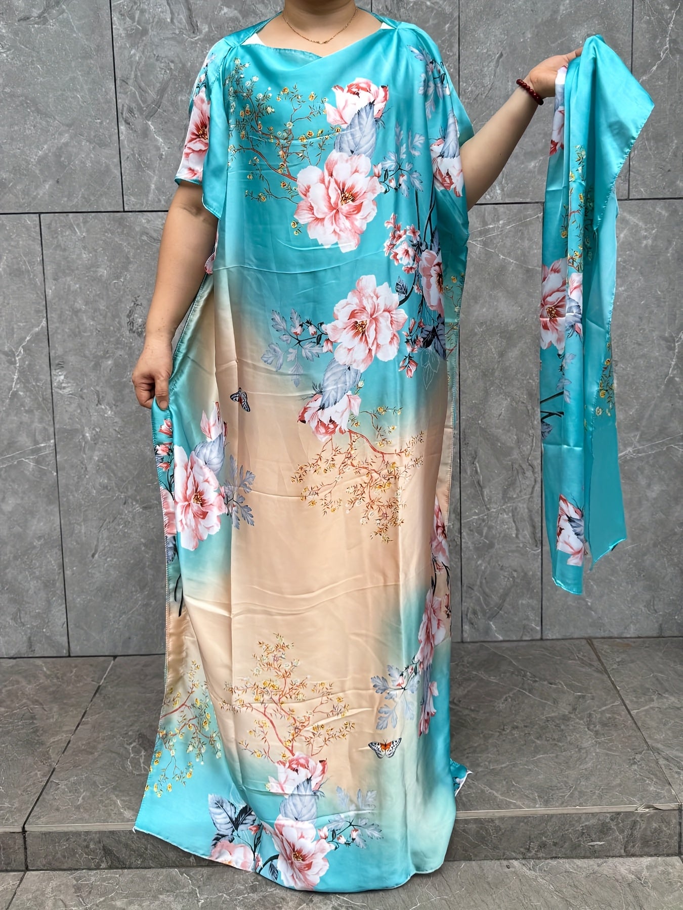 Plus Size Floral Print Kaftan Dress with Scarf Longline Loose Fit Summer