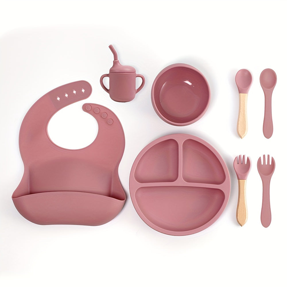 8-Piece Silicone Toddler Feeding Set Non-Toxic BPA-Free Suction Plates Bibs Straw Cups Utensils