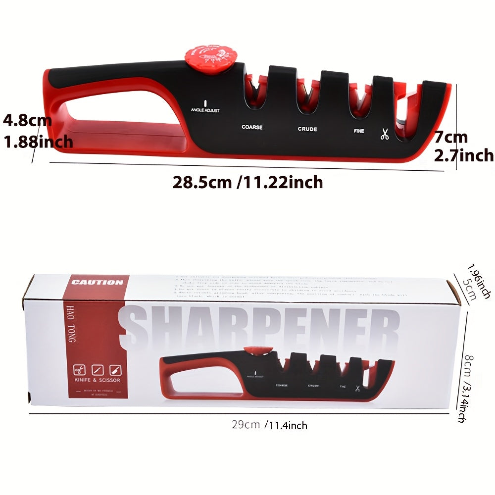 Sozlanadigan 4-in-1 oshxona pichog'i silliqlash mashinasi, 4 bosqichli silliqlash tayoqlari, qora-qizil