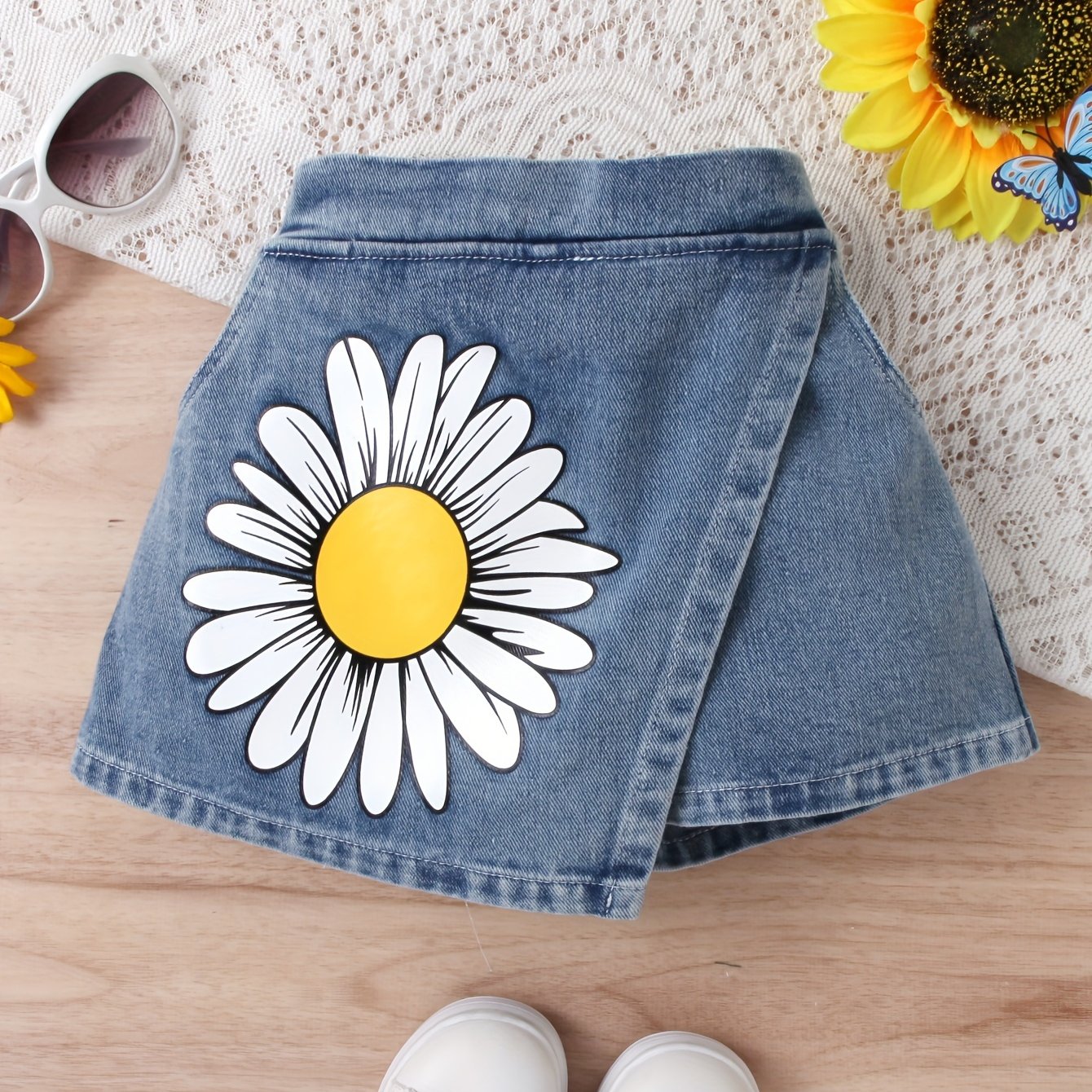 Girls' Denim Shorts with Daisy Flower Print for Summer Holiday Wear