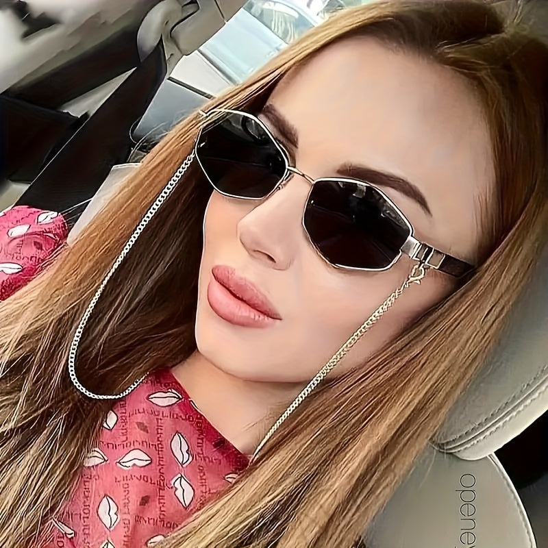 Vintage Hiphop Polygon Metal Glasses with Anti Glare Sun Shades and Chain for Women