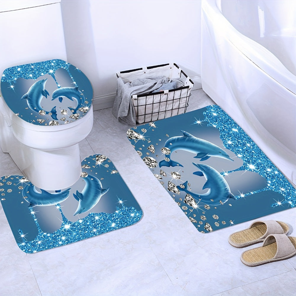 Diamond Dolphin Print Shower Curtain Set Waterproof Polyester Bathroom Decor with Hooks Bath Mat Rug and Toilet Lid Cover