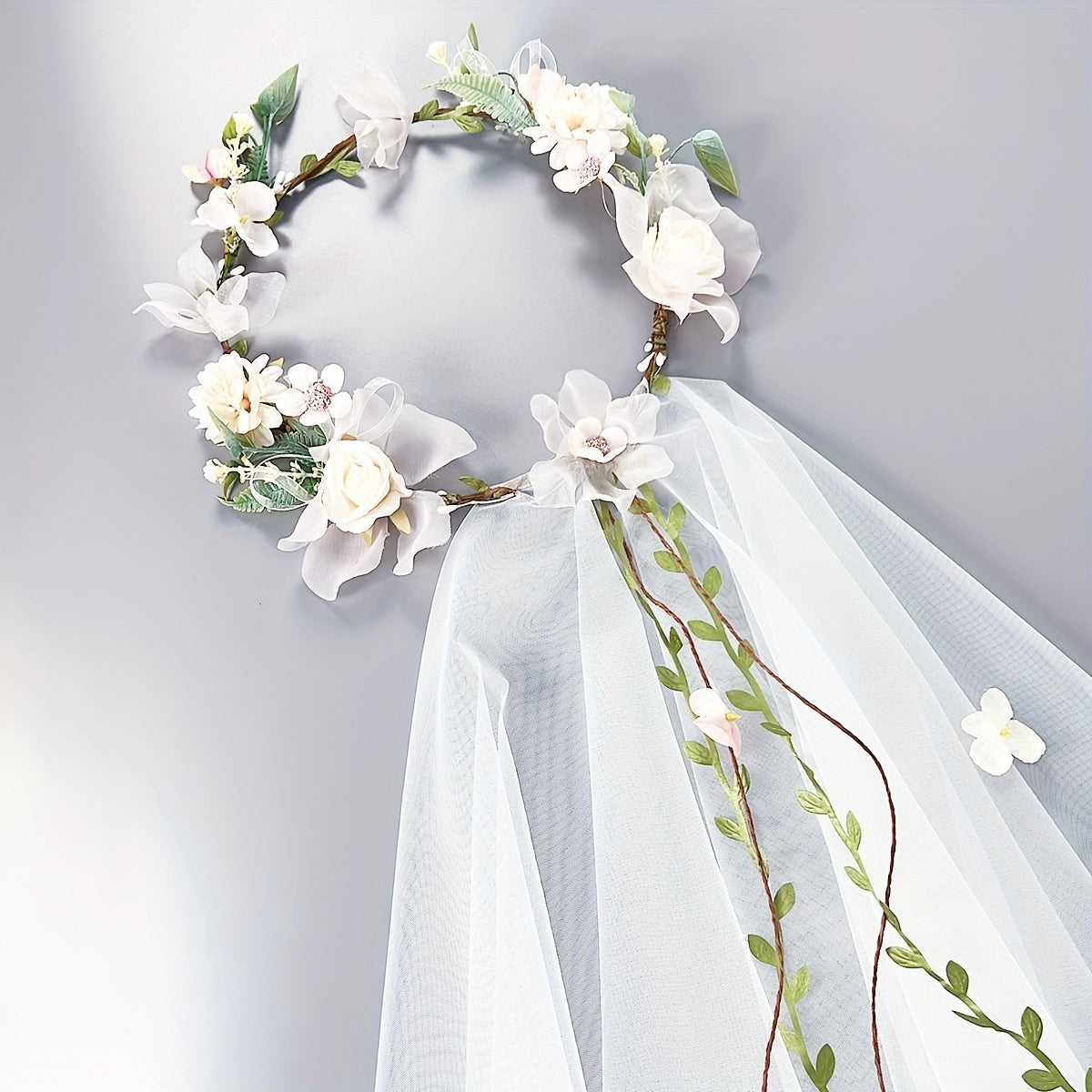 Bridal Wedding Hair Accessory Flower Headband with Double-Layer Veil Wreath Headpiece