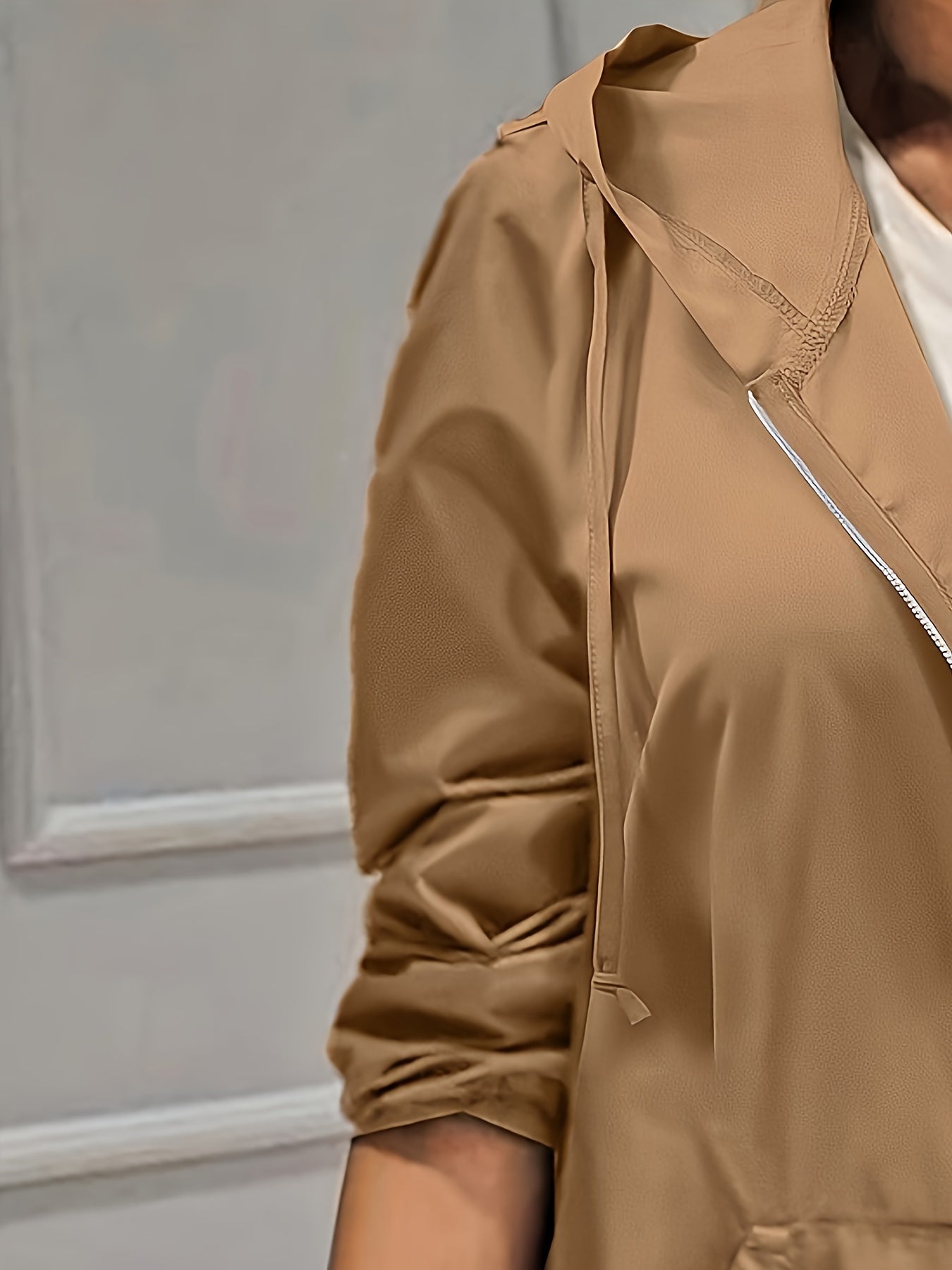 Plus Size Polyester Trench Coat with Zipper Hood and Pockets for Women