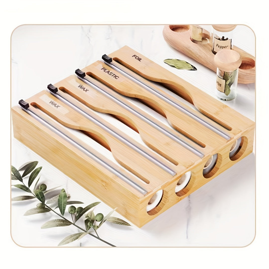 Bamboo Kitchen Wrap Organizer Food-Safe Storage Box with Manual Cutter