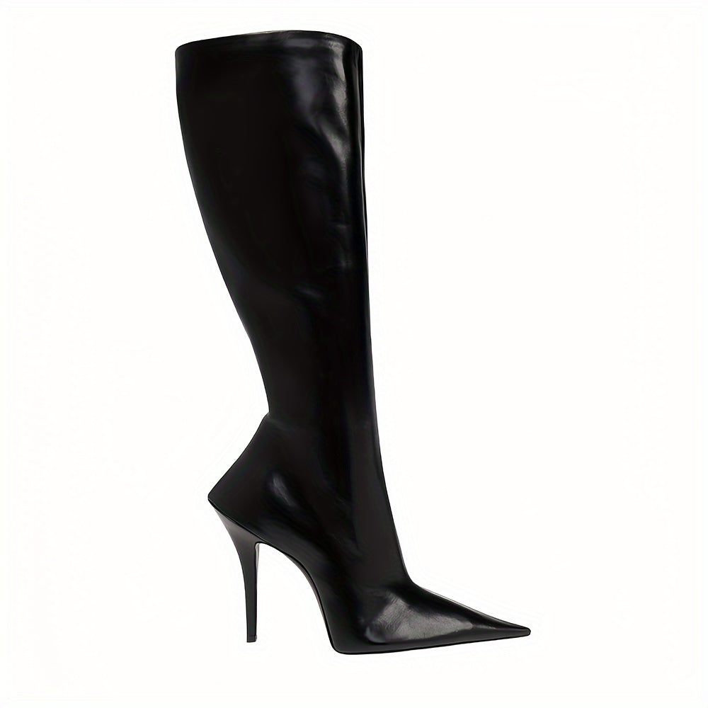 Women's Knee-High Faux Leather Boots with Pointed Toe and Zipper