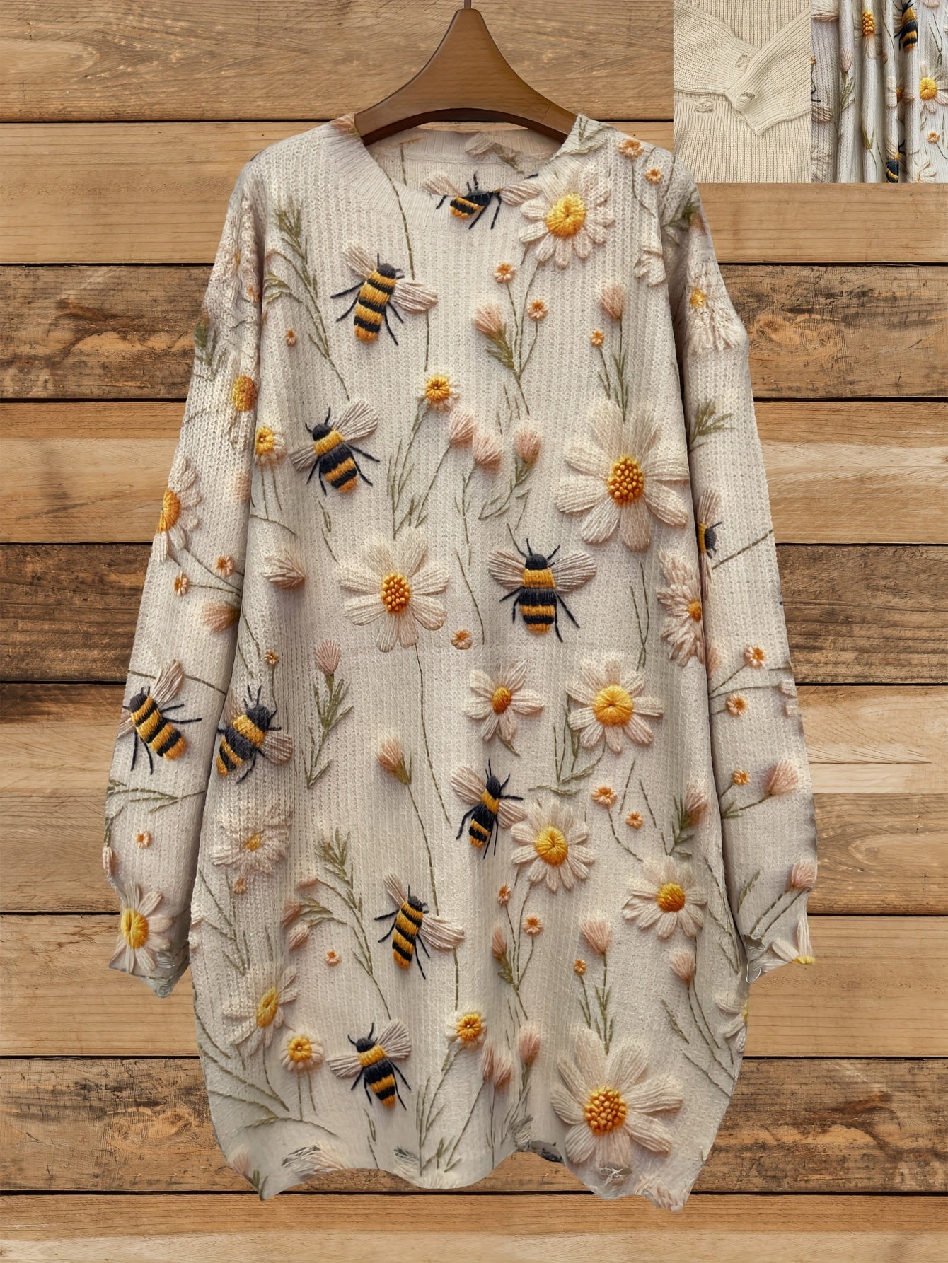Plus Size Women's Floral Bee Print Sweater Dress Casual Long Sleeve Lightweight Fall Winter