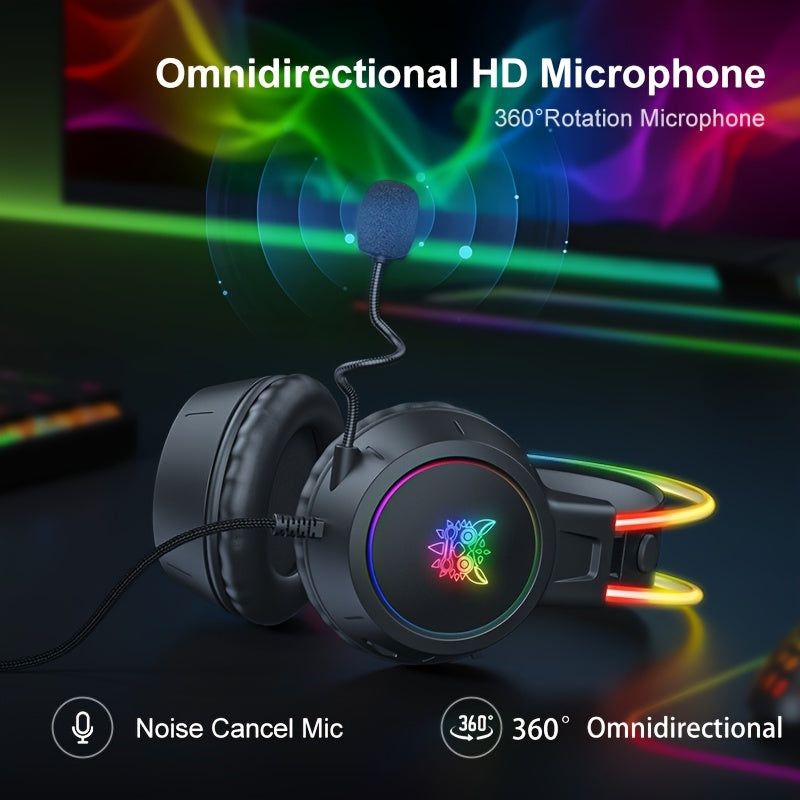 RGB Gaming Headset Noise Cancelling Surround Sound Wired with Detachable Microphone for PC and Laptop