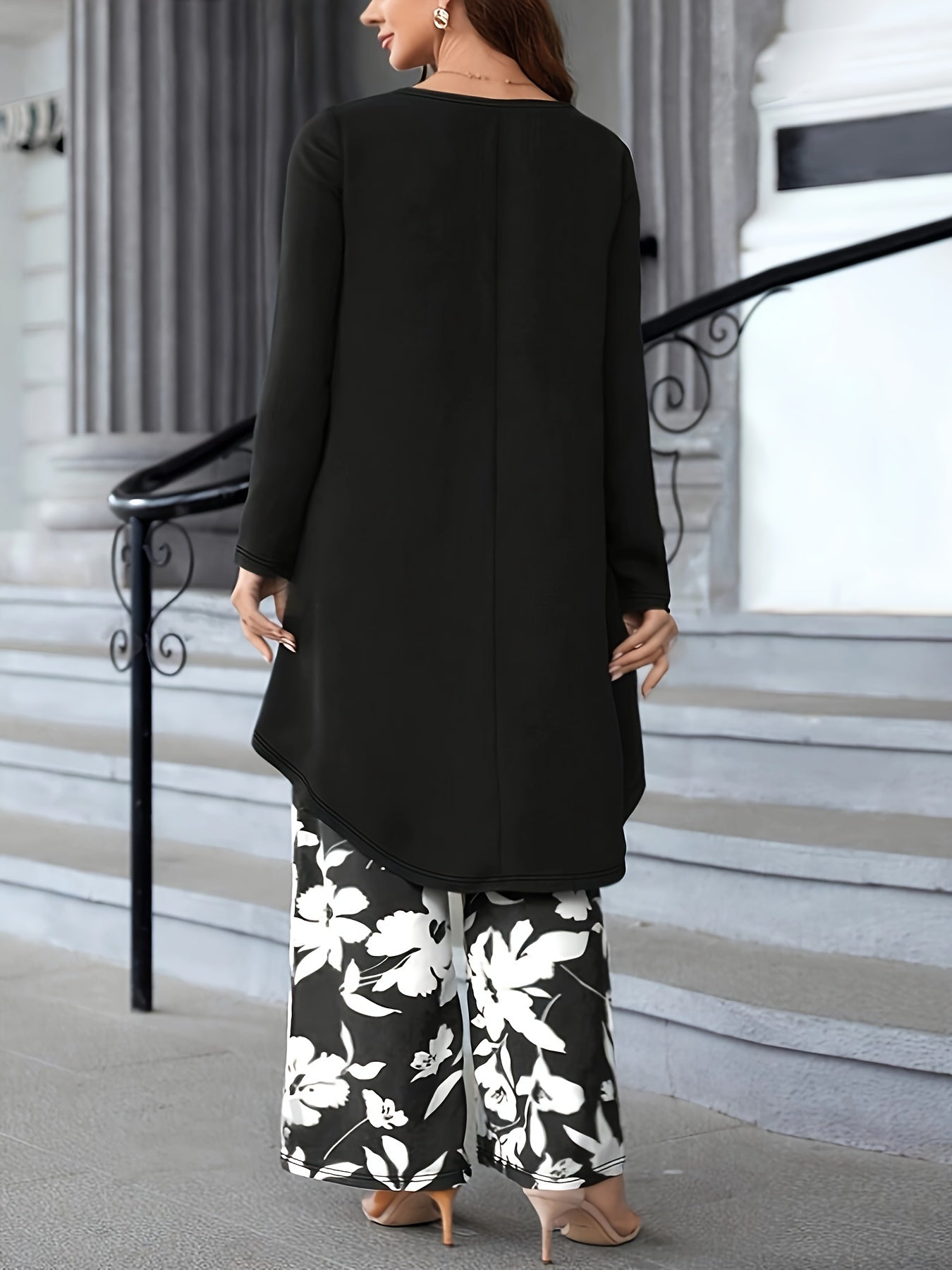 Plus Size Two-Piece Set with High Low Hem Top and Pants Vacation Wear