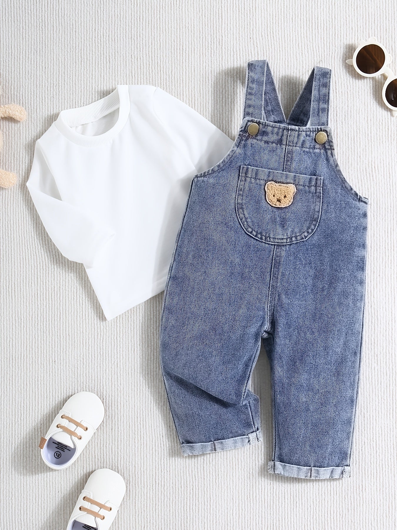 Boys Denim Overalls Set with Bear Design Casual Spring Fall Machine Washable Kids 0-3 Years