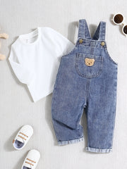 Boys Denim Overalls Set with Bear Design Casual Spring Fall Machine Washable Kids 0-3 Years