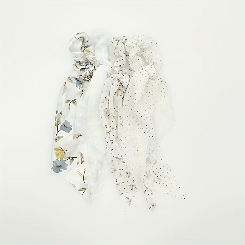 Set of 4 Floral Ribbon Hair Ties, Scrunchies, Chiffon Ponytail Holders for Women