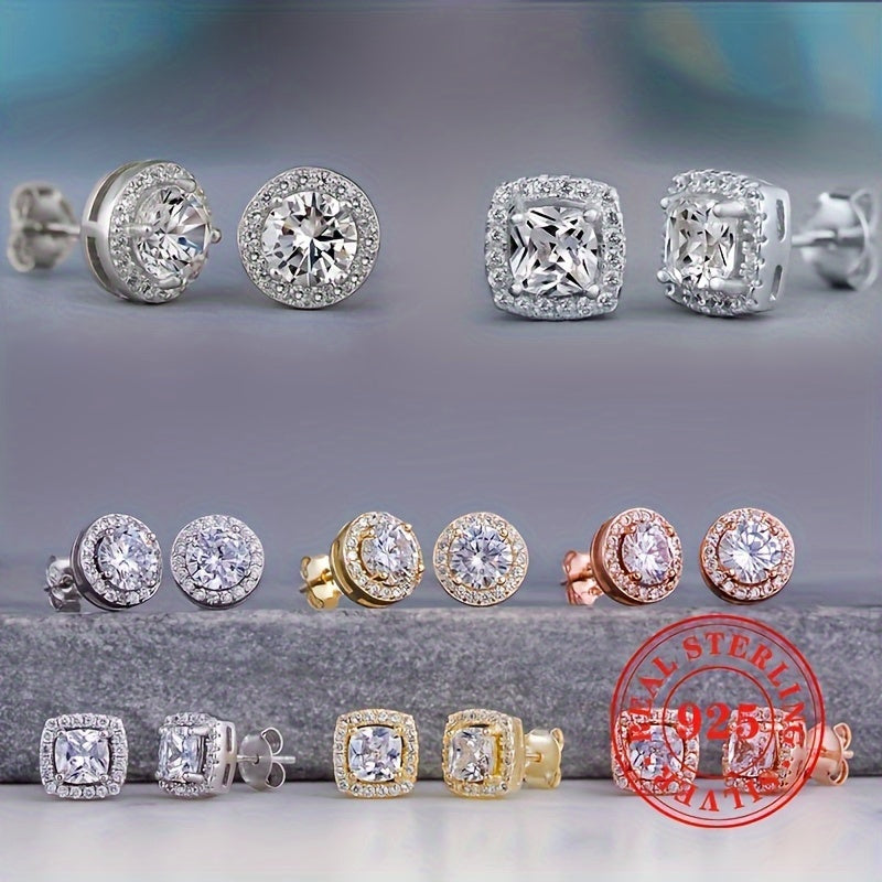 Sterling Silver Stud Earrings for Women Cubic Zirconia Round Square Jewelry