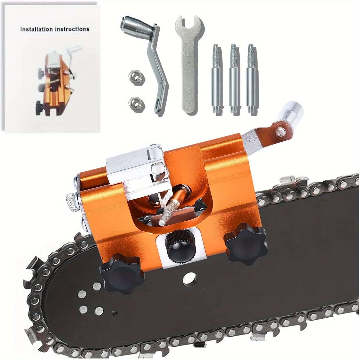 Portable Chainsaw Sharpener Kit with 3 Grinding Stones, Wrench, for Field Use