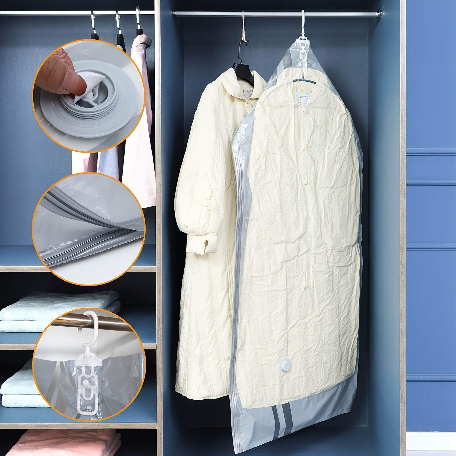 Kiyimlar, palto va kurtkalar uchun vakuum saqlash sumkalar, qo'lda pompali, 2, 4, 6 ta paket