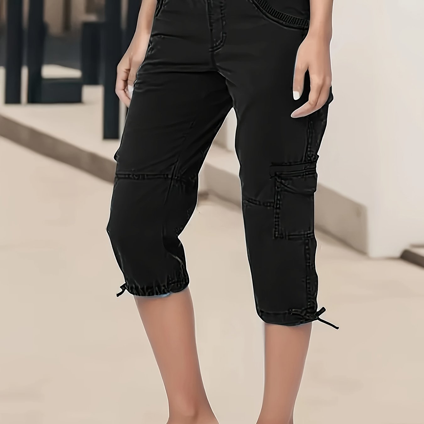 Plus Size Ladies Cropped Pants Solid Polyester Non-Stretch Premium Texture