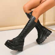 Women's Faux Leather Wedge Knee High Boots Lace Up Chunky Gothic