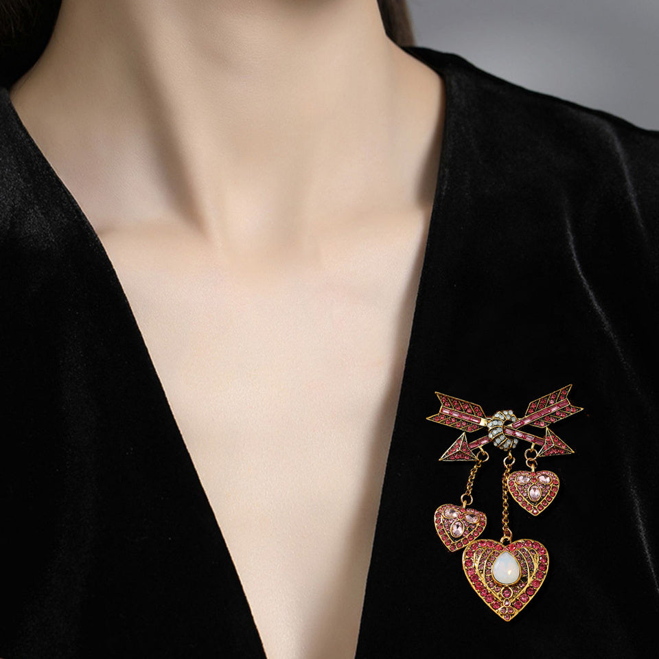 Vintage Heart Brooch with Cupid Arrow and Tassel Accent
