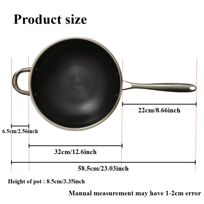 Juego de wok de acero inoxidable con tapa y espátula, sartén antiadherente para saltear y cocinar