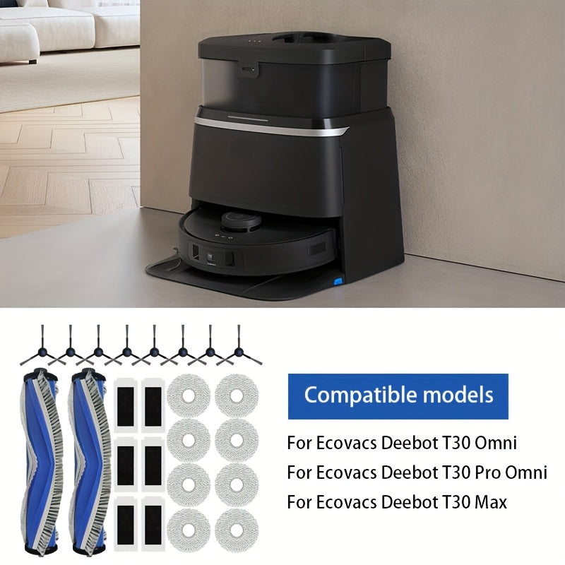 Комплект аксессуаров для робот-пылесосов серии ECOVACS DEEBOT T30 включает 2 основные щетки, 6 HEPA-фильтров, 8 боковых щеток и 8 салфеток для мытья пола.