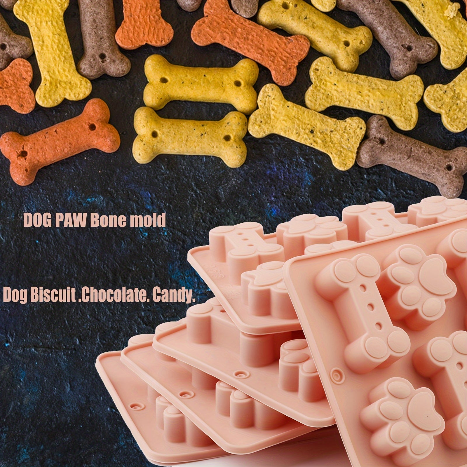 Silicone Dog Treat Mold Non-Stick Flexible Bone Paw Print Pink Blue Gray for Biscuits Ice Cubes Chocolate