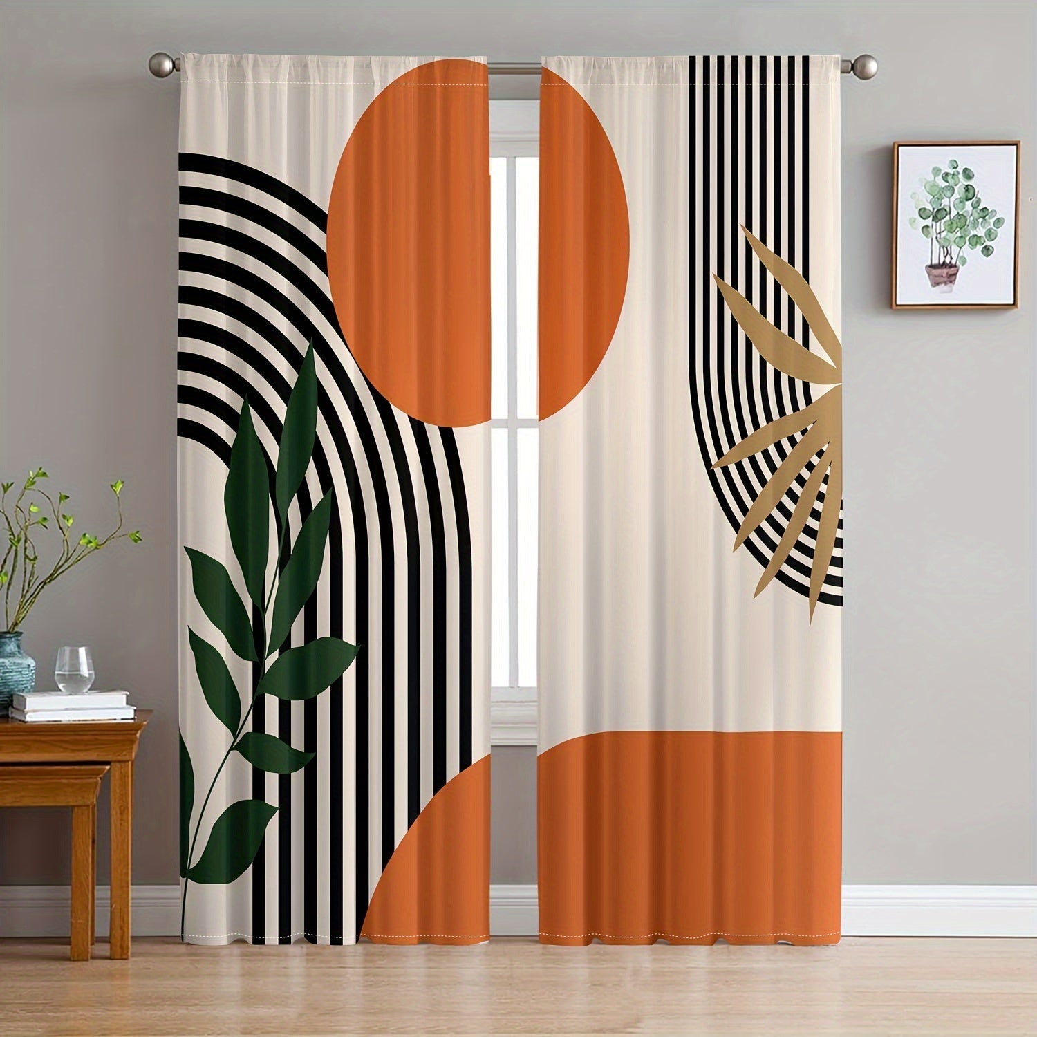 Dos piezas de cortinas modernas con diseño abstracto geométrico a rayas, translúcidas y opacas