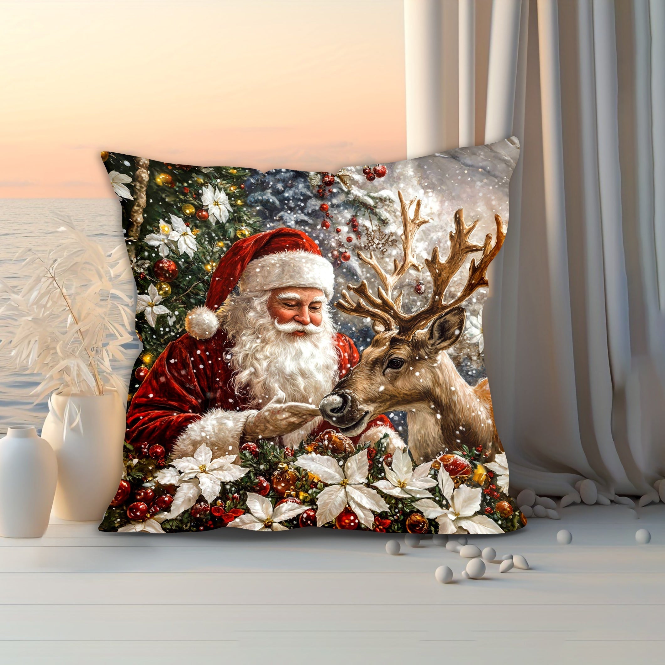 Christmas Santa Reindeer Velvet Throw Pillow Cover 44.96x44.96 cm Zipper Machine Washable