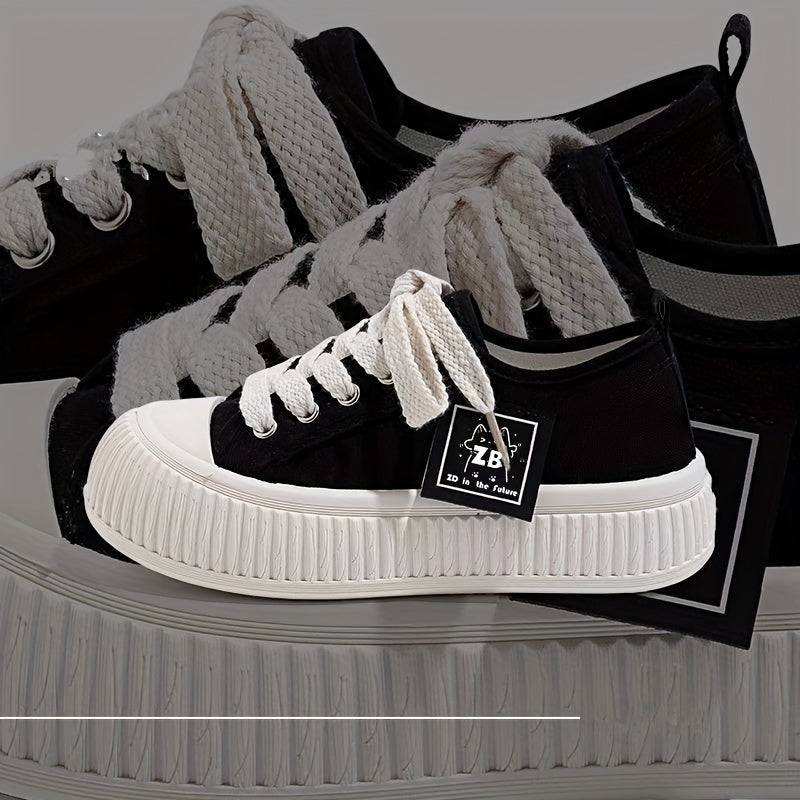 Women's Canvas Casual Sneakers with Thick Rubber Sole, Round Toe, All-Season Comfort