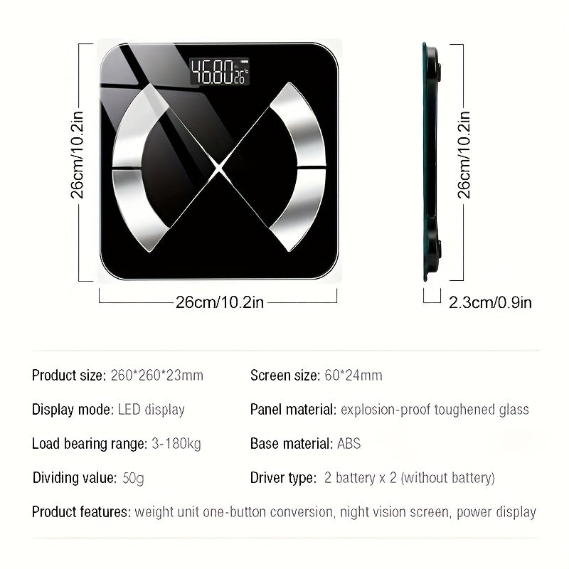 Small black body scale with battery-free operation 25 key analysis glass surface for home bathroom