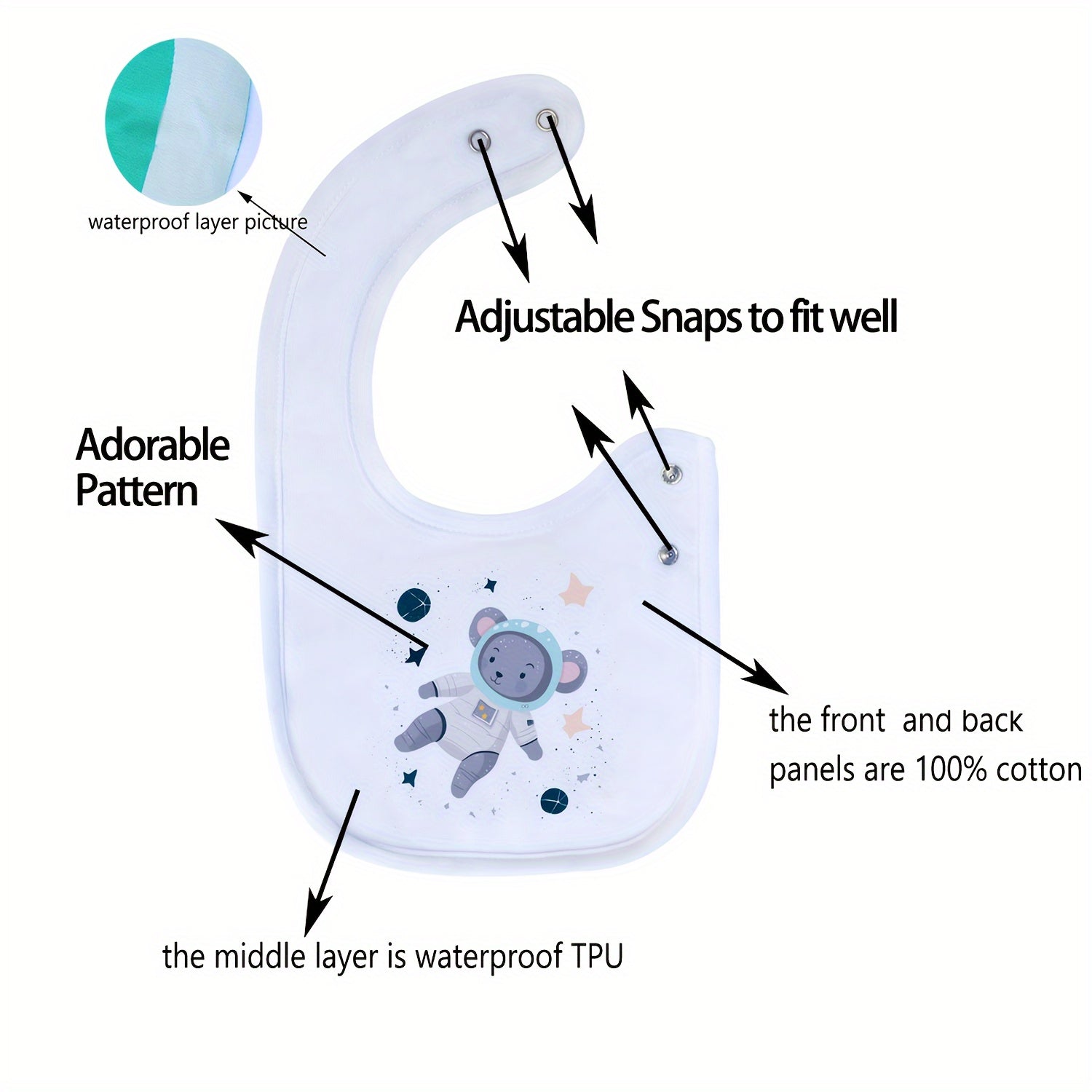 Juego de 6 baberos impermeables para niños con estampados de dibujos animados, ajustables y reutilizables