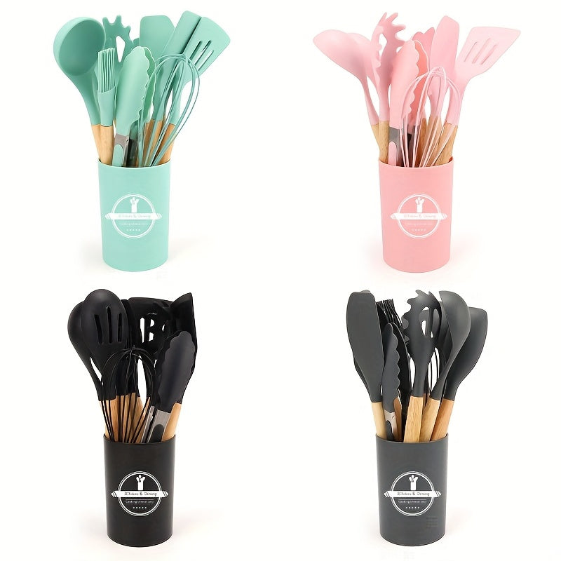 Silicone Kitchen Utensil Set 12 Pieces Non-Stick Food-Safe Cooking Tools with Wooden Handles