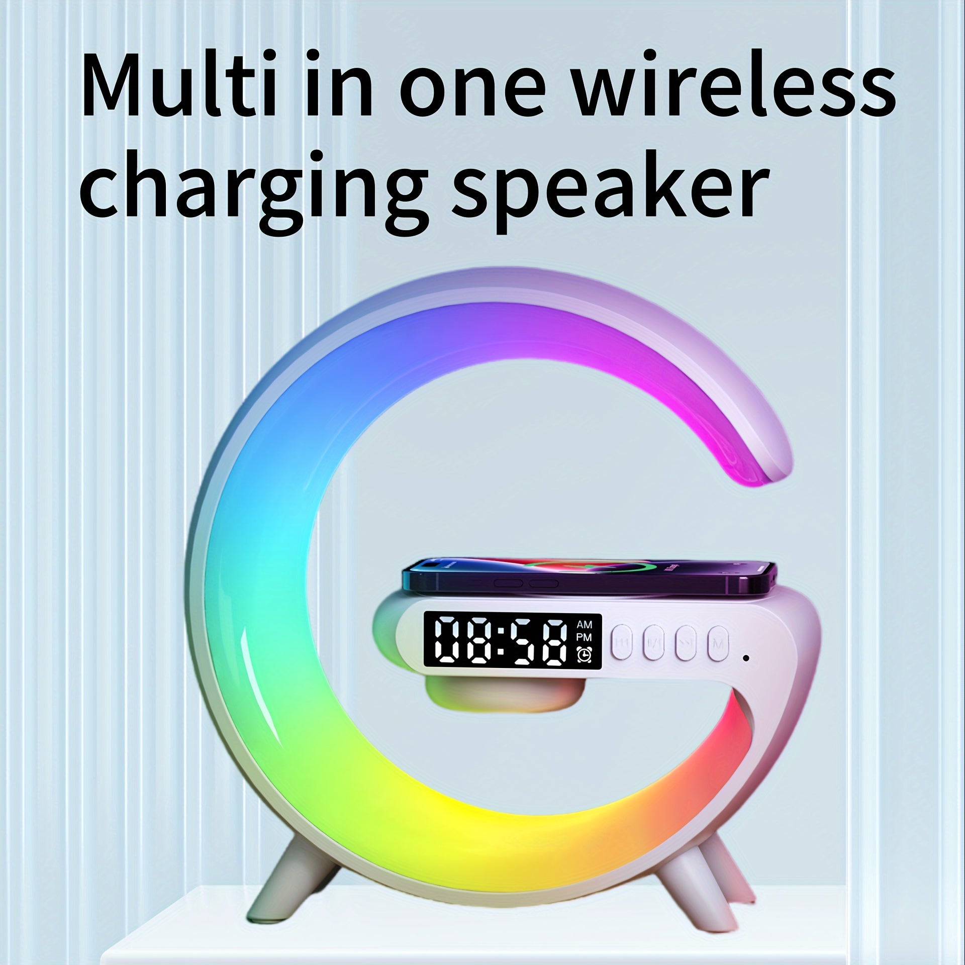 Portativ G-shaklidagi simsiz dinamik, sozlanadigan RGB chiroqlari, telefonlar uchun simsiz zaryadlash pad, 360° panoramali ovoz, raqamli soat, USB orqali zaryadlanadigan, rang-barang lantern rejimi. Ideal uchun