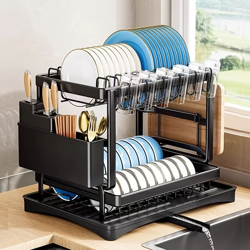Large Metal 2-Layer Dish Drying Rack with Drain Board and Accessories