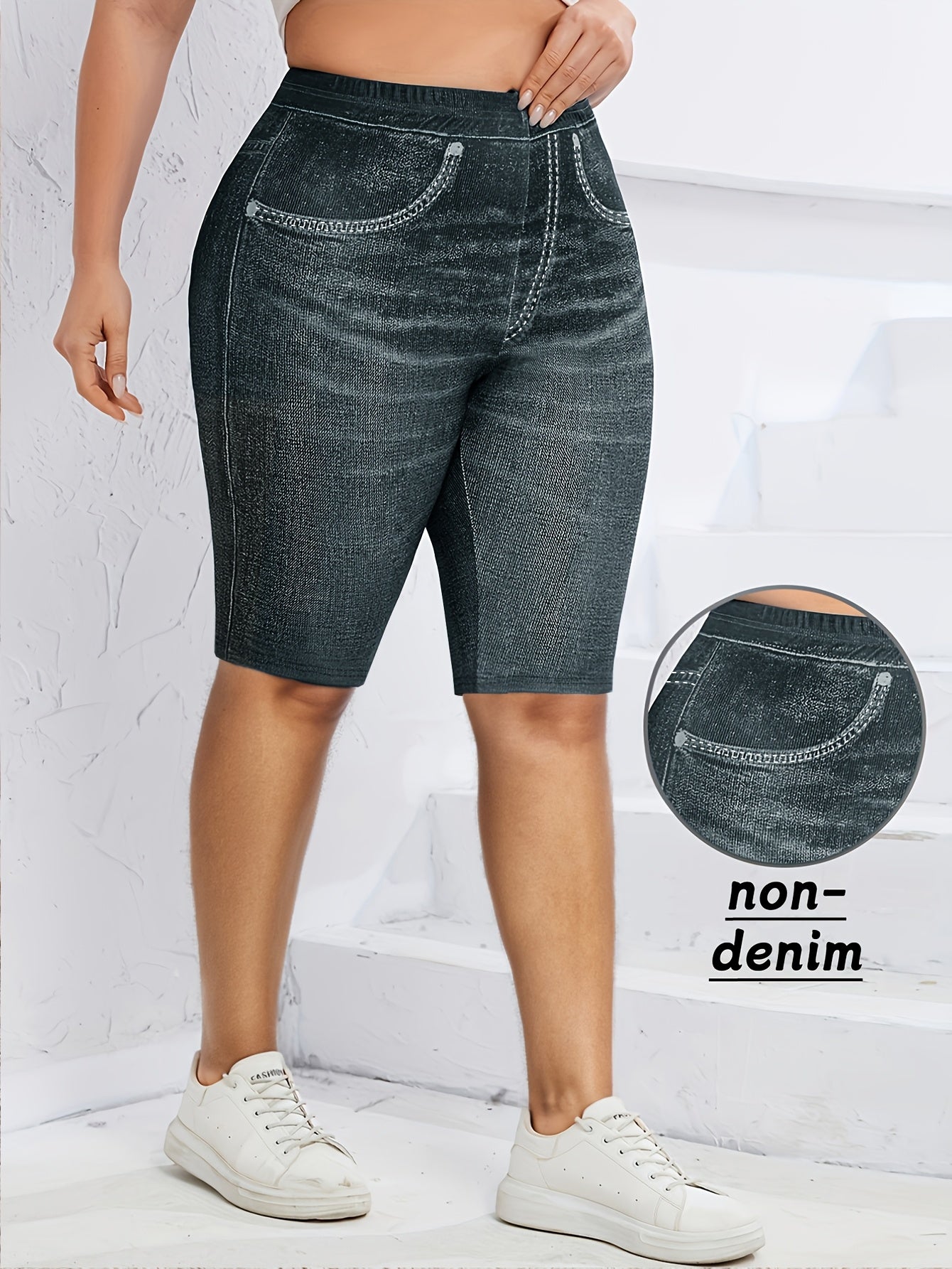 Plus Size Women's Stretchy Denim-Print Mid-Length Shorts Faux Pockets All-Season