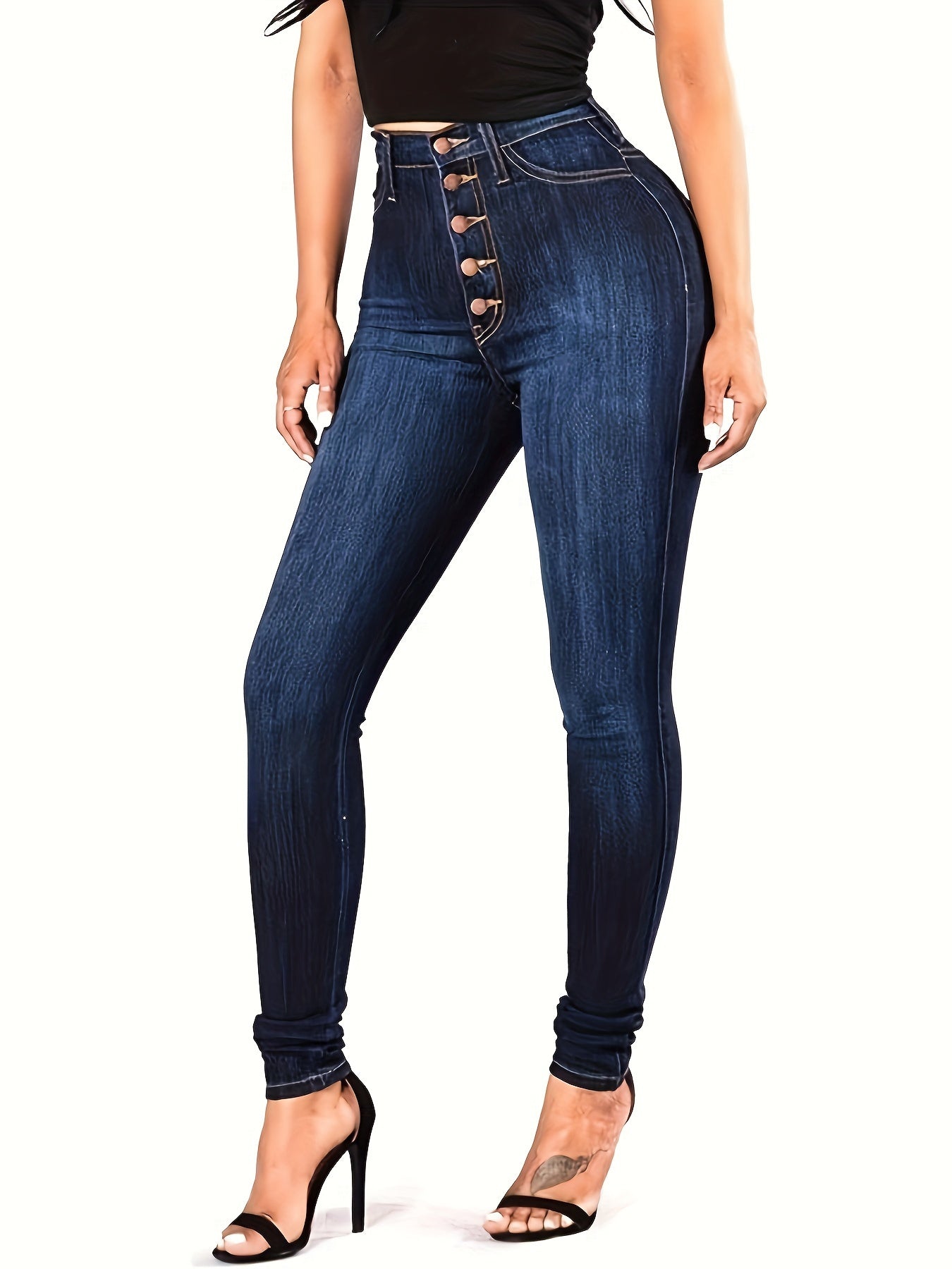 Women's High-Waist Skinny Jeans Cotton Blend Solid Color with Curve-Enhancing Fit