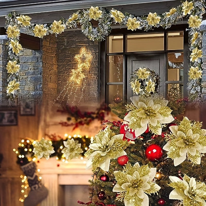 10 Golden and Silvery Artificial Christmas Decorations with Red Flowers Ornaments and Wreaths