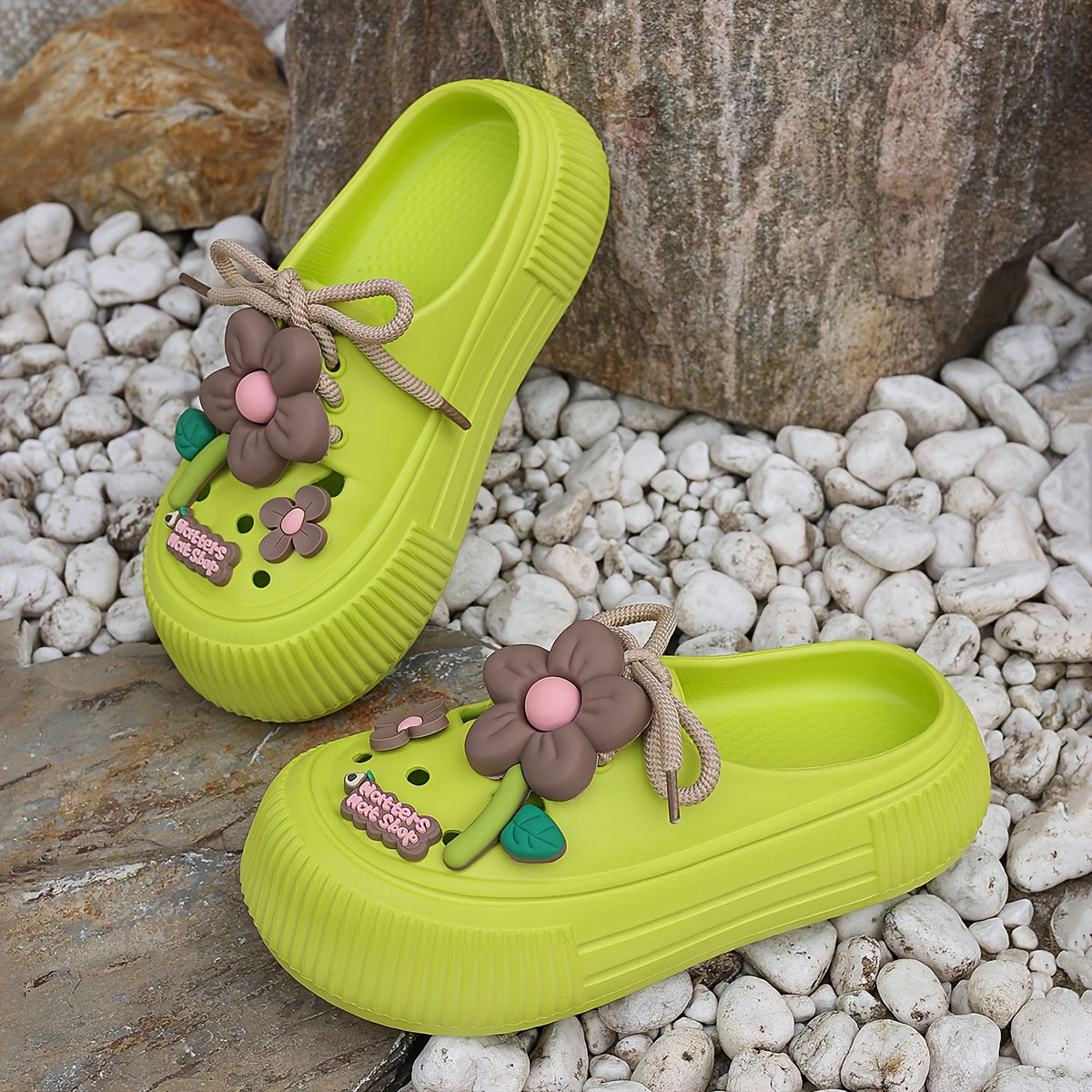 Women's Casual Flower Pattern EVA Mules, Sunflower Design, Flat Heel