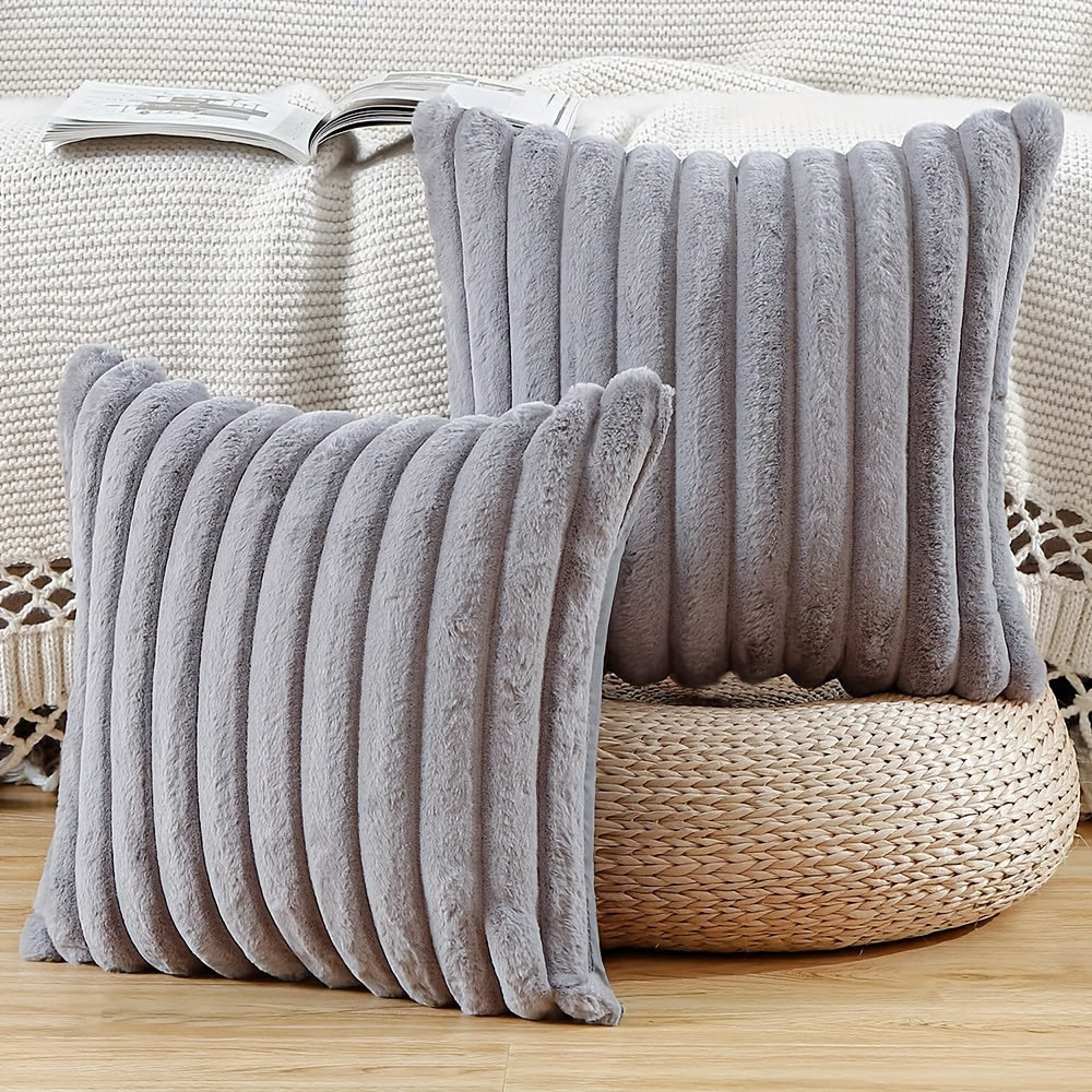 Set of 2 Striped Faux Fur Decorative Pillow Covers for Couch and Bedroom
