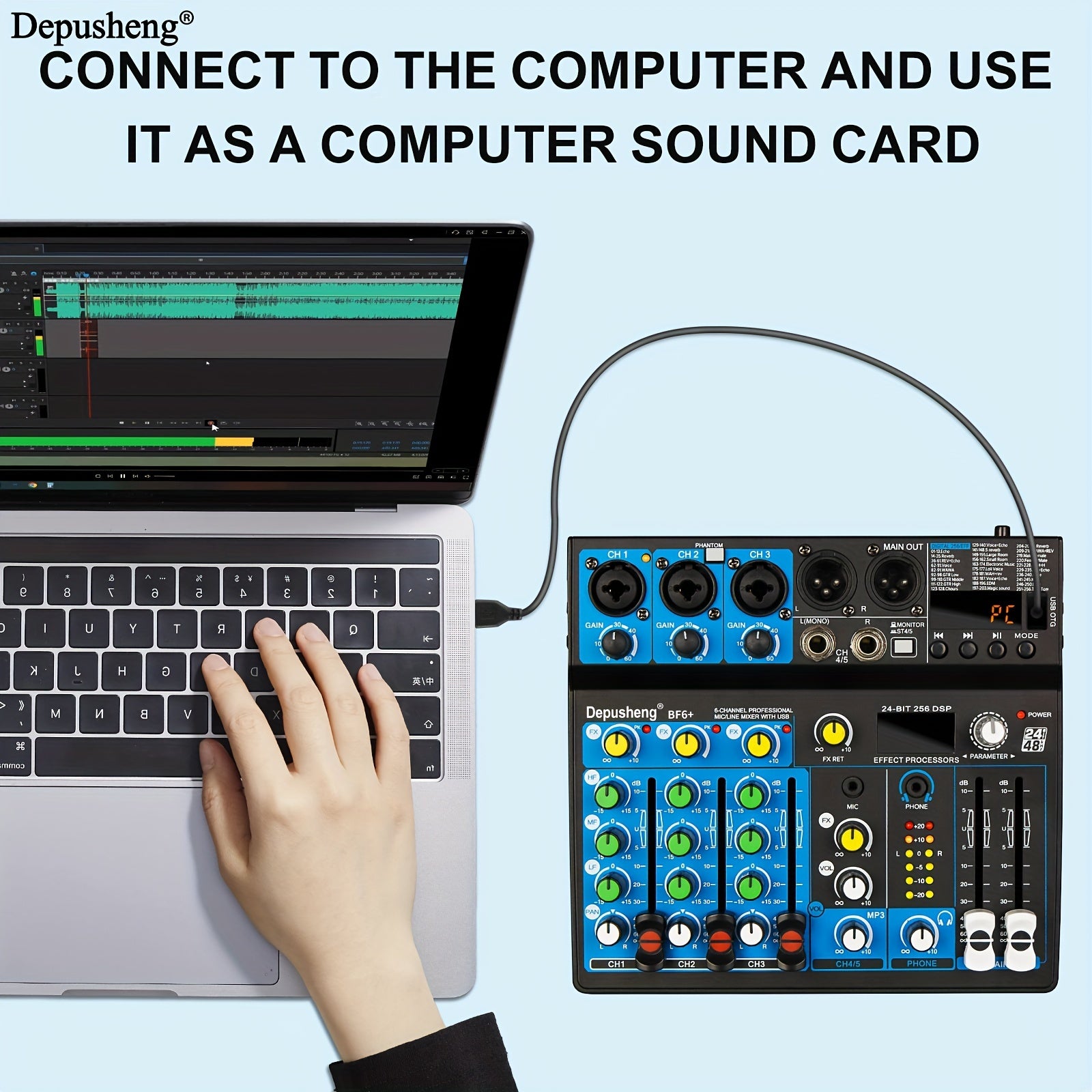 Audio Mixer with USB PC Recording XLR Microphone Jack 99 DSP Effects Black